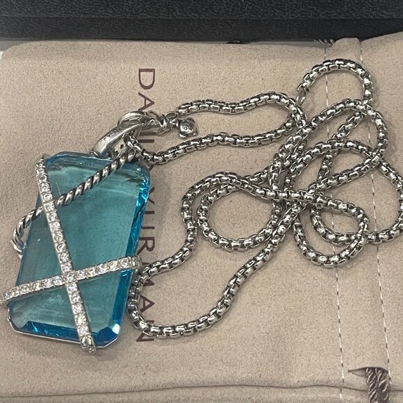 David Yurman Sterling silver necklace blue crystal pendant